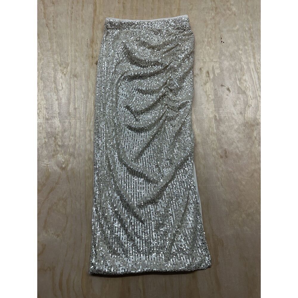 WILDFOX sequin ruched side slit midi skirt Gold Sz S Lined Pull on Elastic Waist